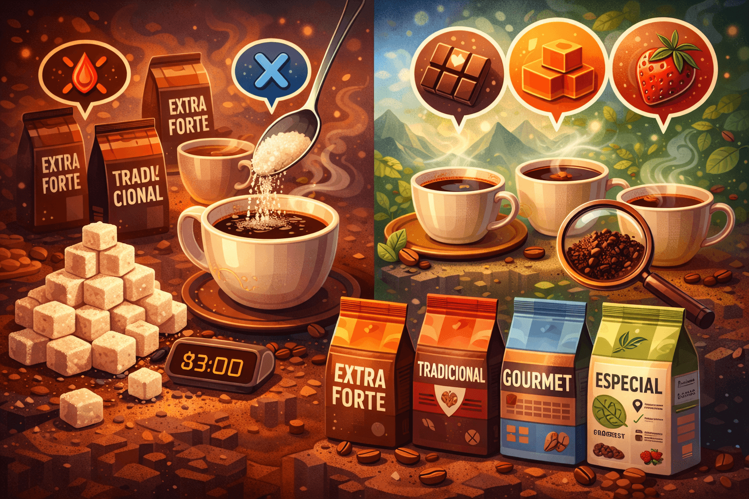 Açúcar no café: item situacional + tipos de café (tradicional a especial) e notas sensoriais